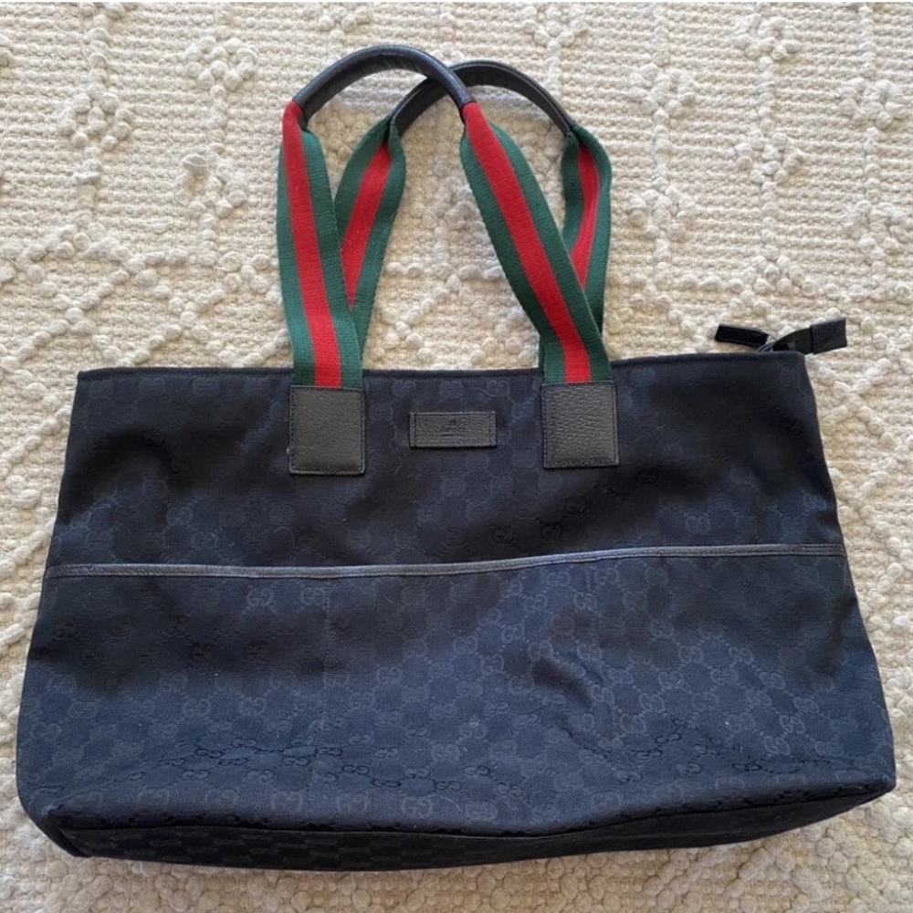Gucci Black Tote with Signature Red and Green Stripe Handles - Picture 4 of 13
